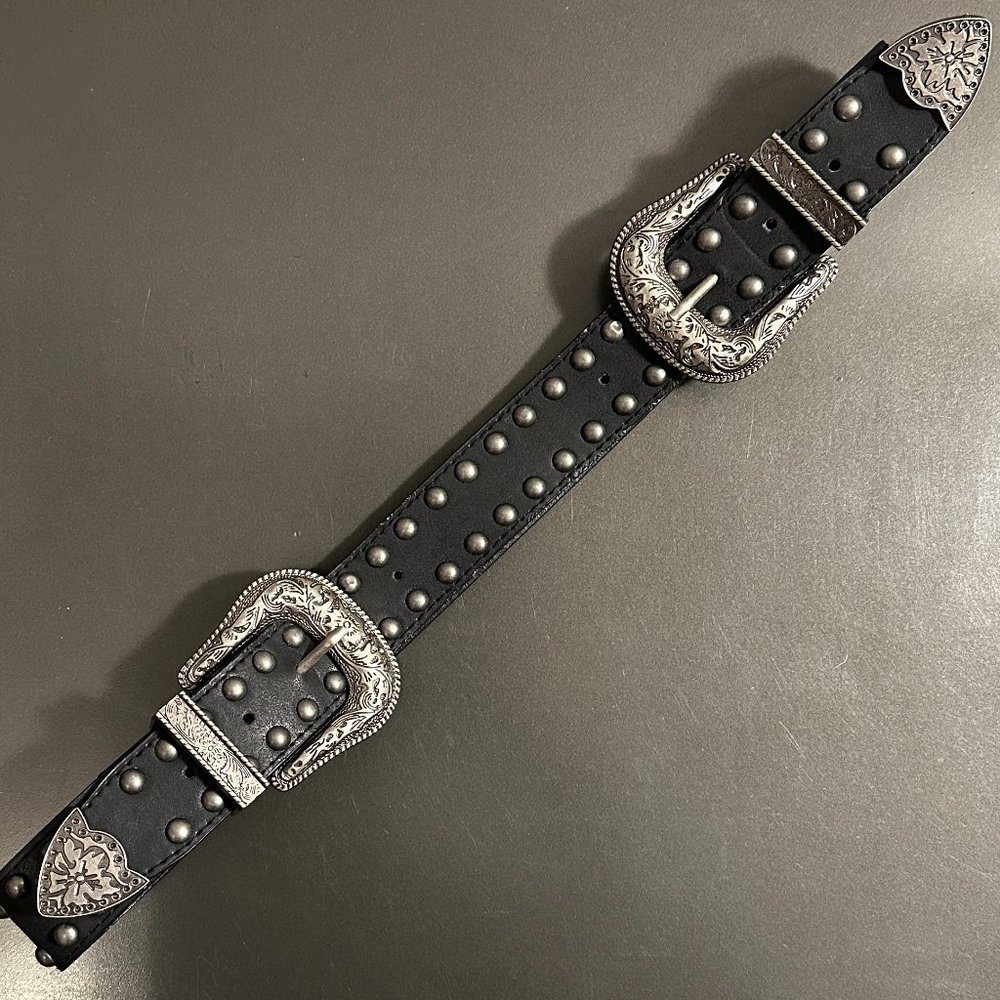 Double Buckle Waist Belt, Black with Pewter Buckles and Studded Rivets